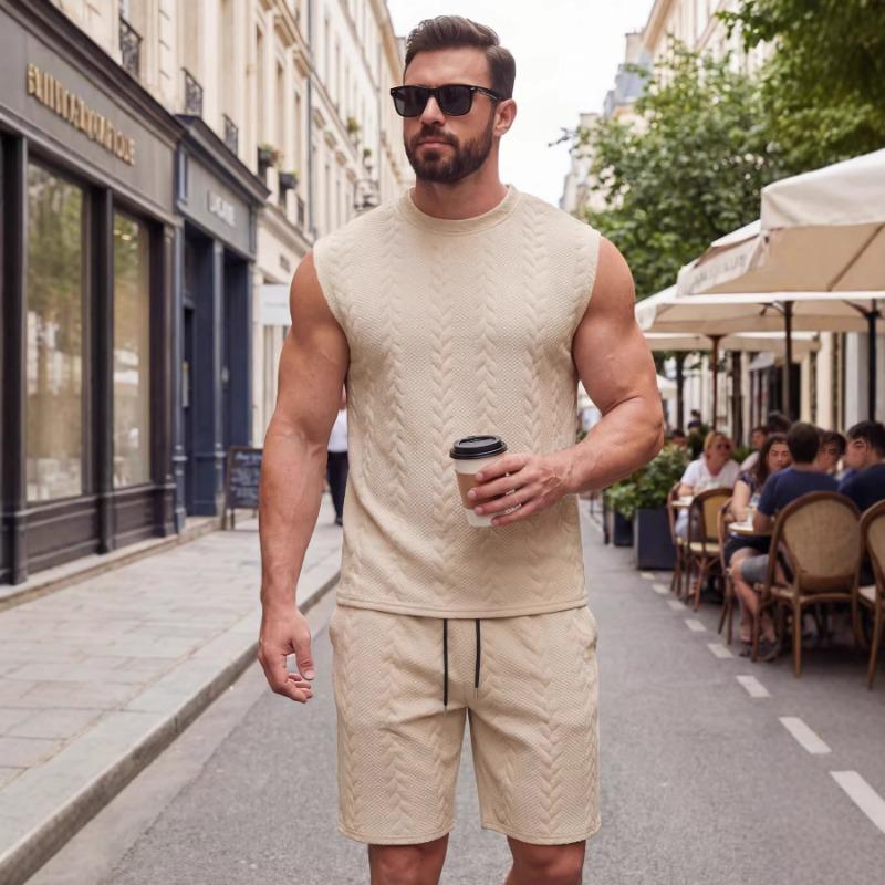 Mens Textured Sleeveless Top And Drawstring Shorts Two Piece Set