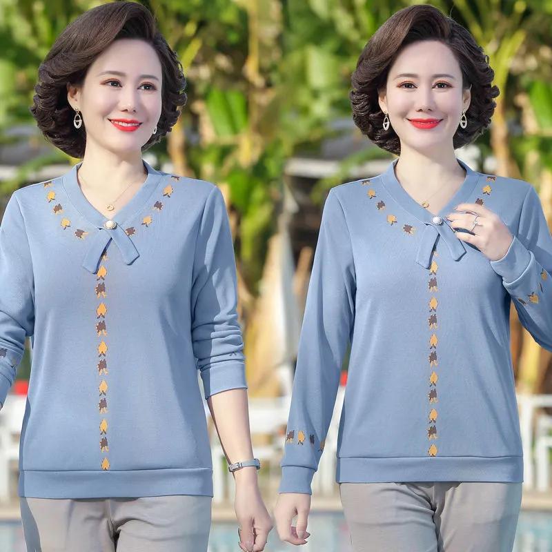 

Женская блузка с длинными рукавами на весну и осень, свободная рубашка с V-образным вырезом для людей среднего и пожилого возраста M