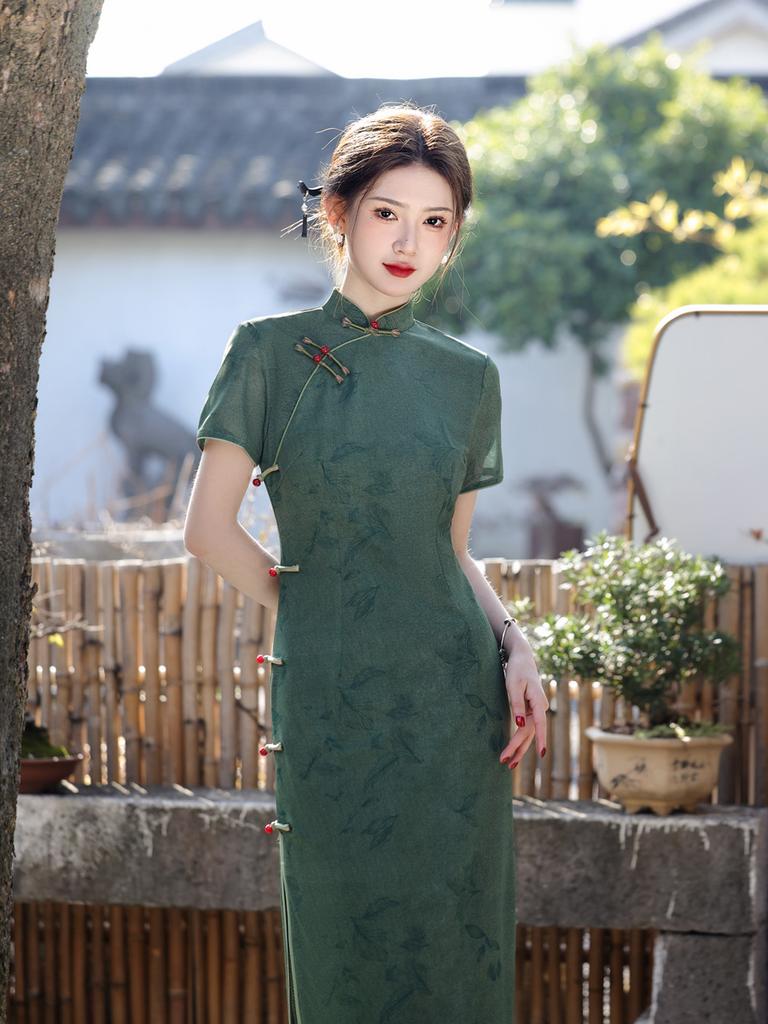 1011 Spring and Summer New Mesh Printing Double-layer Long Cheongsam New Chinese Style Green Temperament Slim Cheongsam Women