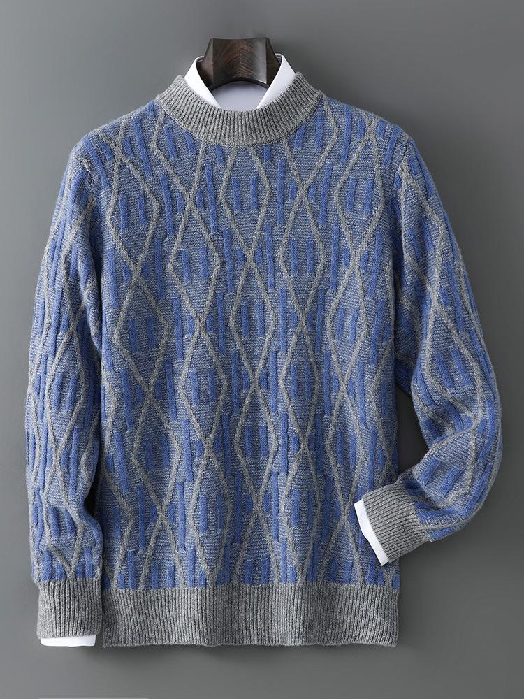 2025 Men’s Autumn/Winter Loose Fit Wool Sweater - Round Neck, Color Block, Plus Size Jacquard Pullover