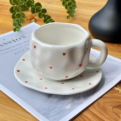 Korean Ins Girl Heart Pinch Ceramic Coffee Cup Saucer Couple Love Gift Ceramic Cup Saucer
