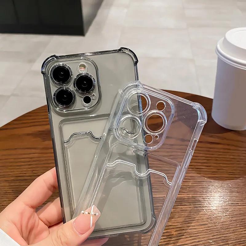 Průhledný silikonový kryt s držákem na karty pro iPhone 16 15 14 13 12 11 Pro Max XS XR 7 8 Plus, průhledná peněženka, nárazuvzdorný silikonový kryt