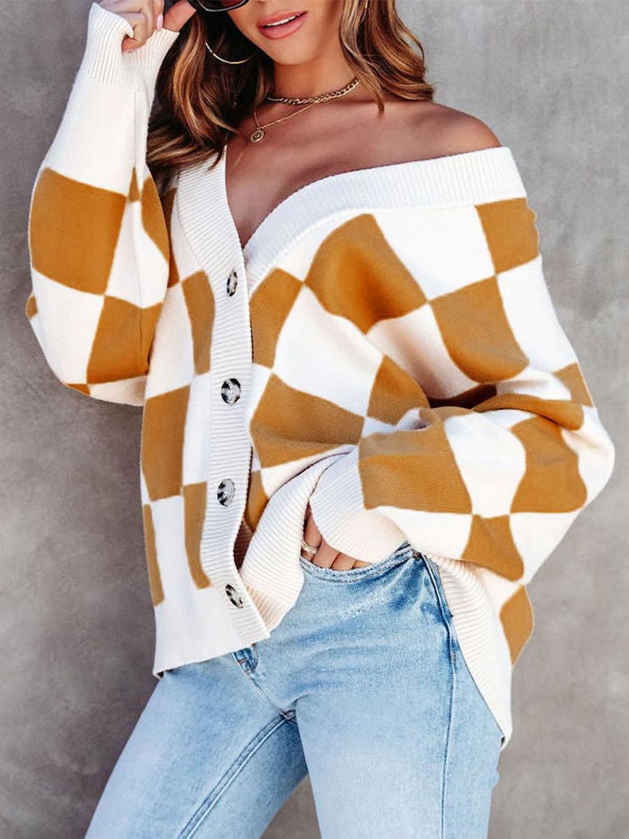 

Женский повседневный свитер, пальто, свободный клетчатый вязаный кардиган с длинными рукавами и v-образным вырезом на пуговицах XXL коричневый