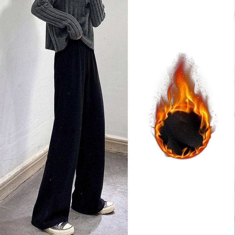 Wide-leg Pants for Women in Autumn and Winter, Thickened with Fleece, High Waist, Loose and Slimming, Floor-length Straight Casual Long Pants