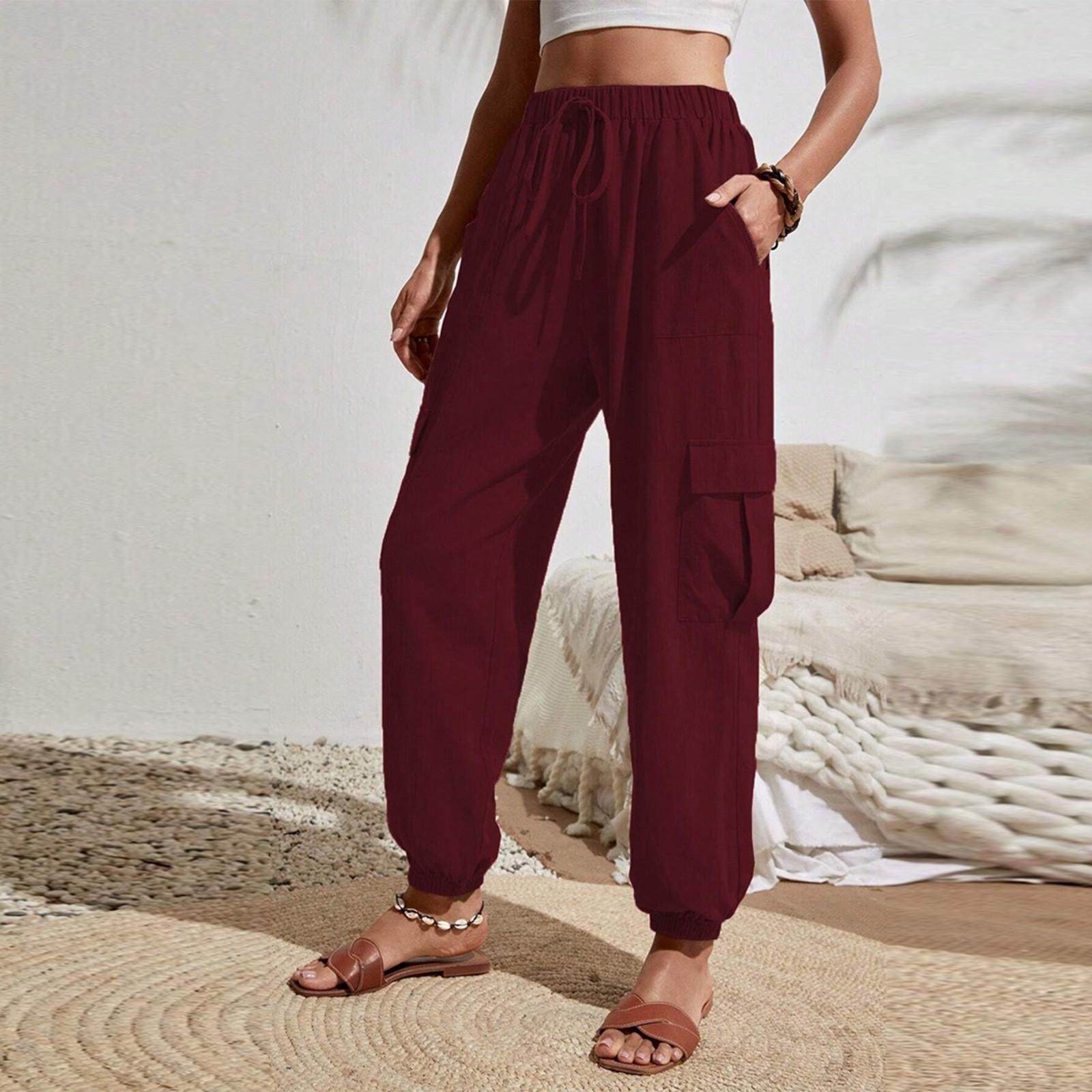 

Женские модные однотонные брюки с эластичной талией и карманами, универсальные повседневные рабочие брюки XL винный