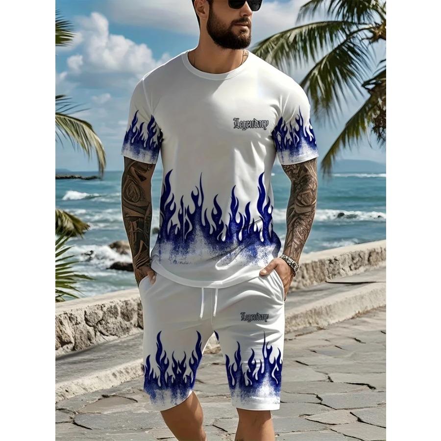 Men's Summer Short-sleeved Set, 3D Creative Flame Print And Shorts, Two-piece Casual Outdoor Fashion Set