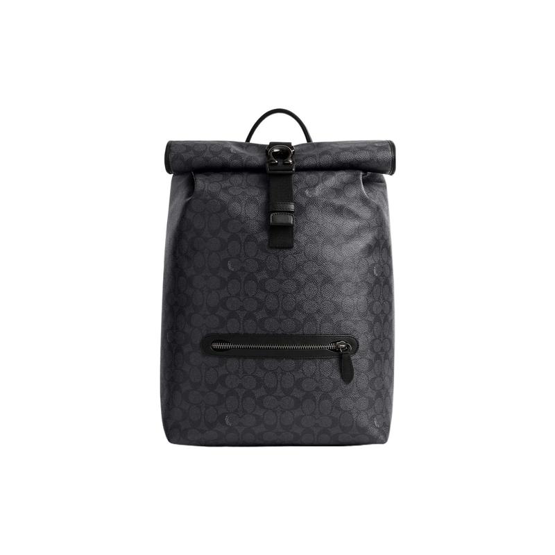 

COACH backpack Beck 30 solid color classic presbyopia internal zipper multi-function pocket roll top coated canvas and fine calfskin school bag large чорний
