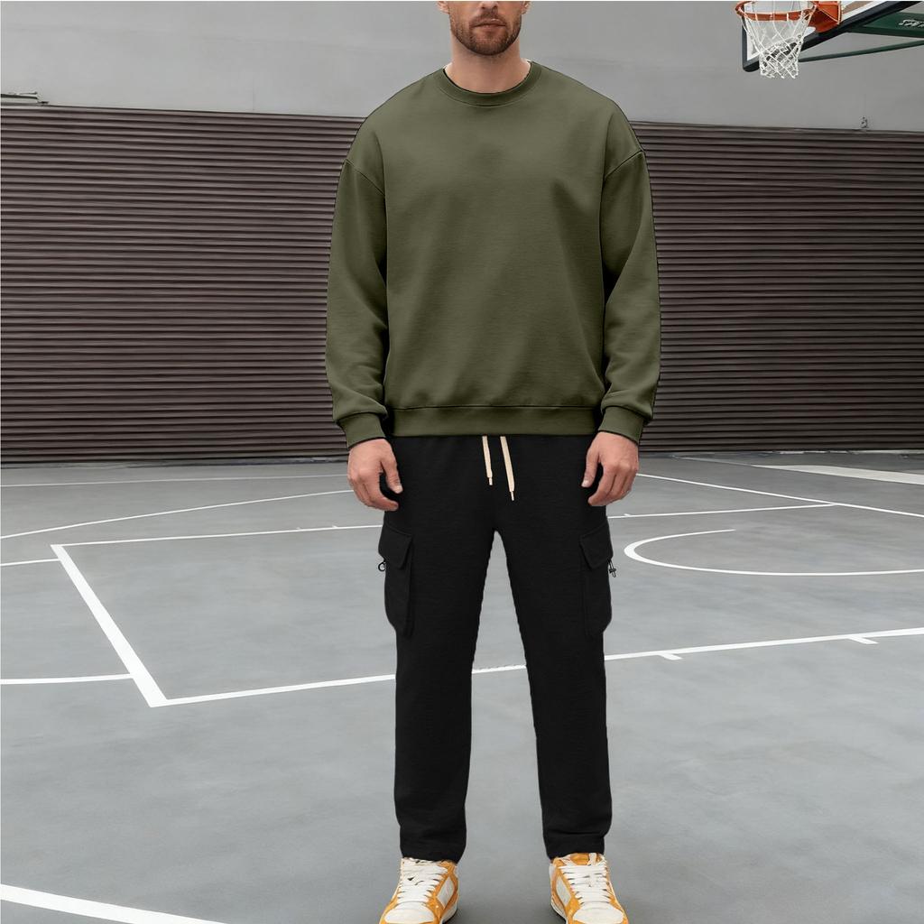 Men's Casual Sportswear Set Autumn/Winter Fleece-Lined Heavyweight Oversized Long-Sleeved Crew Neck Sweatshirt and Trousers Set