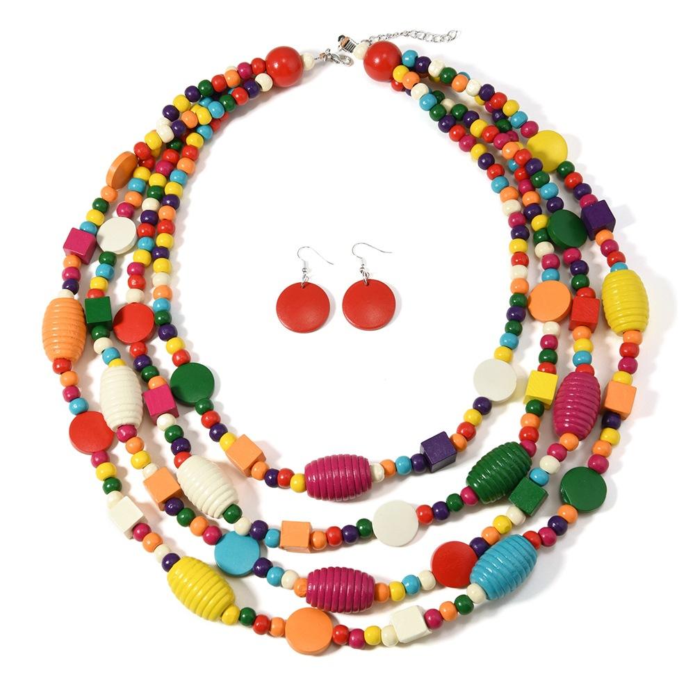 Bohemian Colored Geometric Multi-layer Wooden Beads Handmade Necklace Earrings Women Accessories