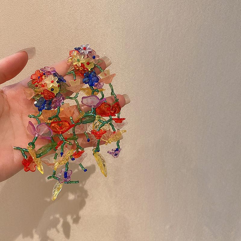 Silver needle chiffon flower fringed stud earrings sweet Mori dopamine earrings niche trend versatile earrings fashion women