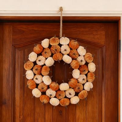 Fabric Pumpkin Wreath Fall Thanksgiving Home Decor with Colorful Mini Gourds Seasonal Front Door Hanging Wreath for Autumn Harvest Festival