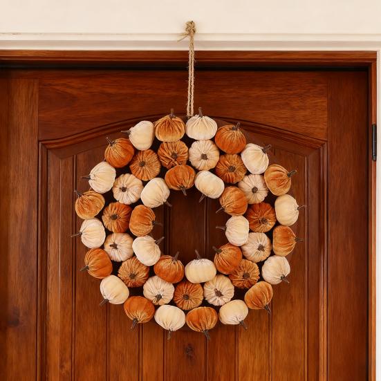 Fabric Pumpkin Wreath Fall Thanksgiving Home Decor with Colorful Mini Gourds Seasonal Front Door Hanging Wreath for Autumn Harvest Festival