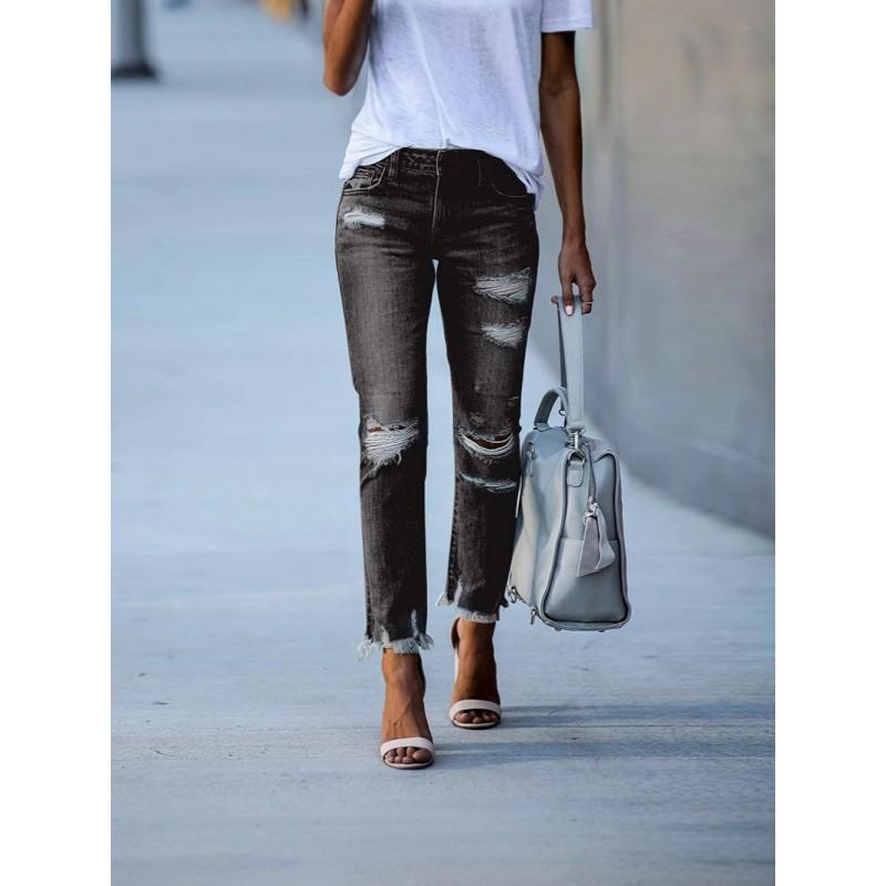 Womens High-Waisted Straight Cut Distressed Denim Jeans Slim Fit Cotton Blend Casual Workwear