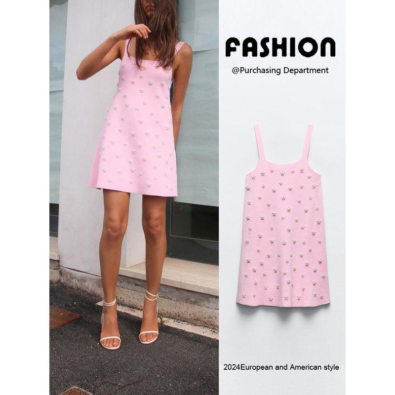 Za2024 Summer New Product Women's Clothes Sling Artificial Decorated Pearls Knitting Mini Dress 2142076 620