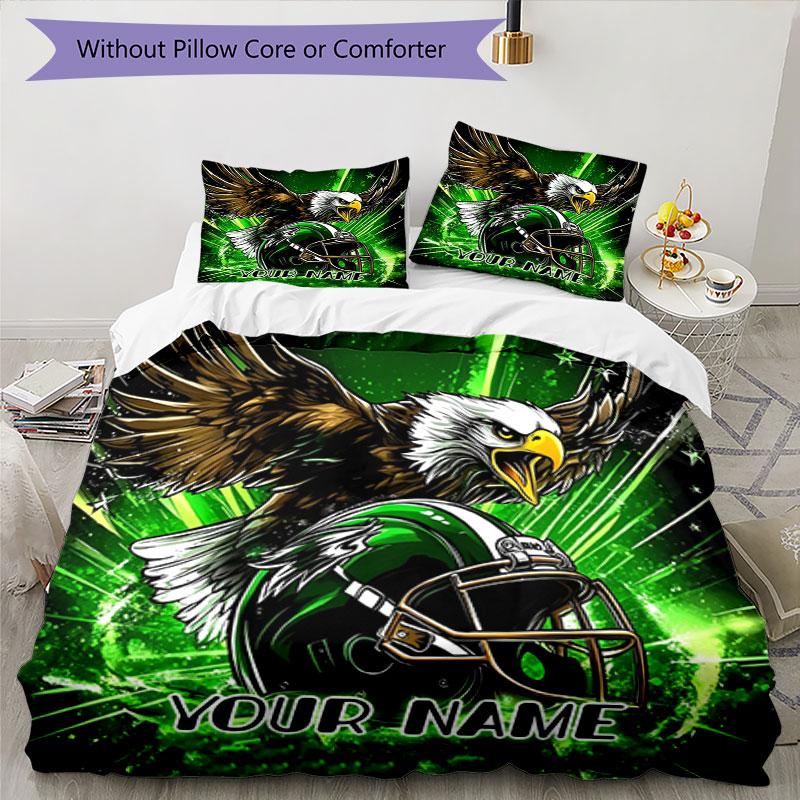 3PC Custom Name Eagle Power Football Helmet Bedding Set Printed Bedding Set Duvet Cover Closure Includes 1 Duvet Cover & 2 Pillowcases for All Seasons
