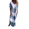 Summer New European And American Style Women'S Clothing Casual Loose Short-Sleeved V-Neck Split Fork Gradual Change Tie-Dye Long Dress