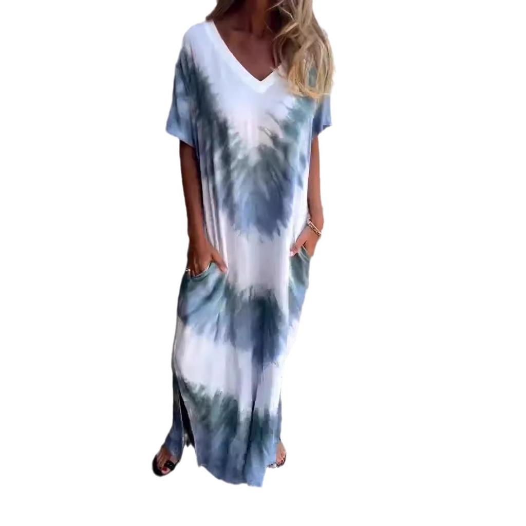 Summer New European And American Style Women'S Clothing Casual Loose Short-Sleeved V-Neck Split Fork Gradual Change Tie-Dye Long Dress