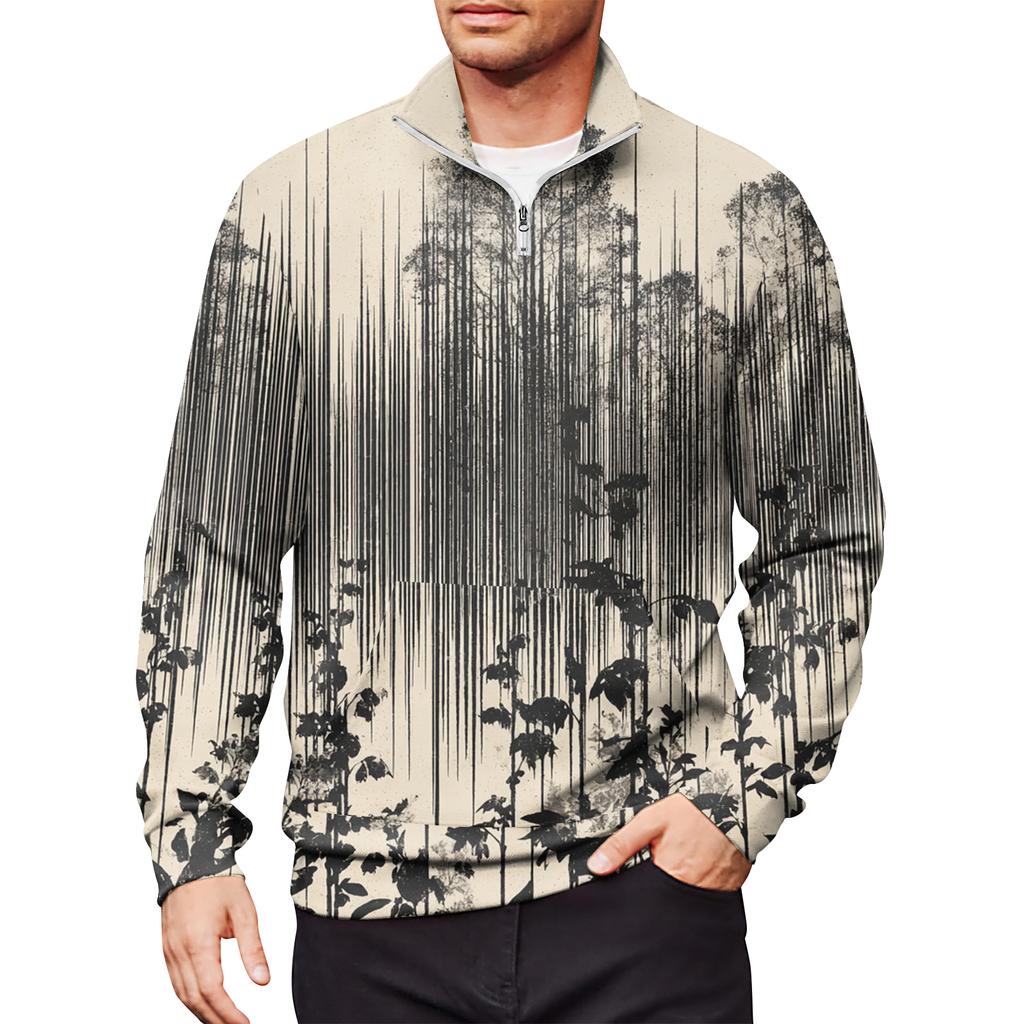 Men's Loose Casual 1/4 Zip Sweatshirt Fashion Printed Long Sleeve Top With Pockets
