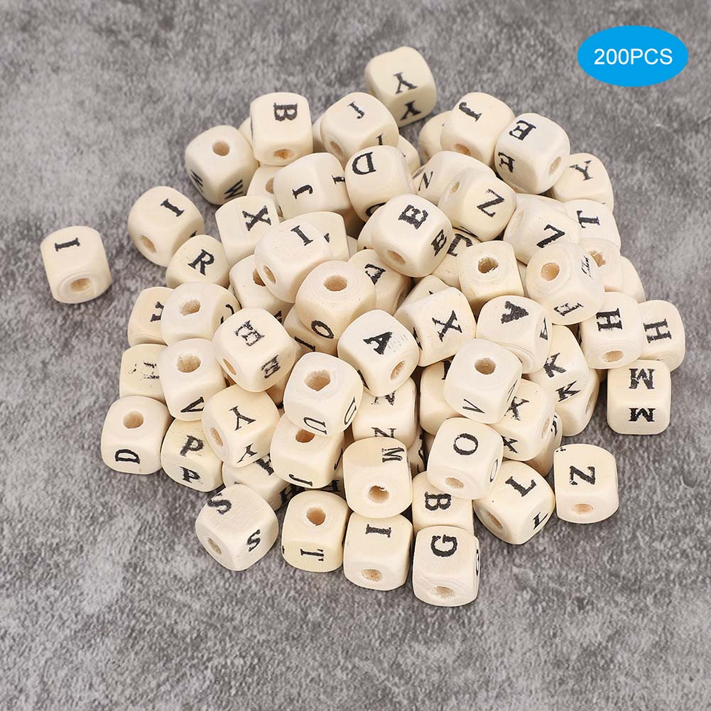 200pcs 10mm DIY Jewelry Beads Letter Printed White Cube Wooden Craft Beads