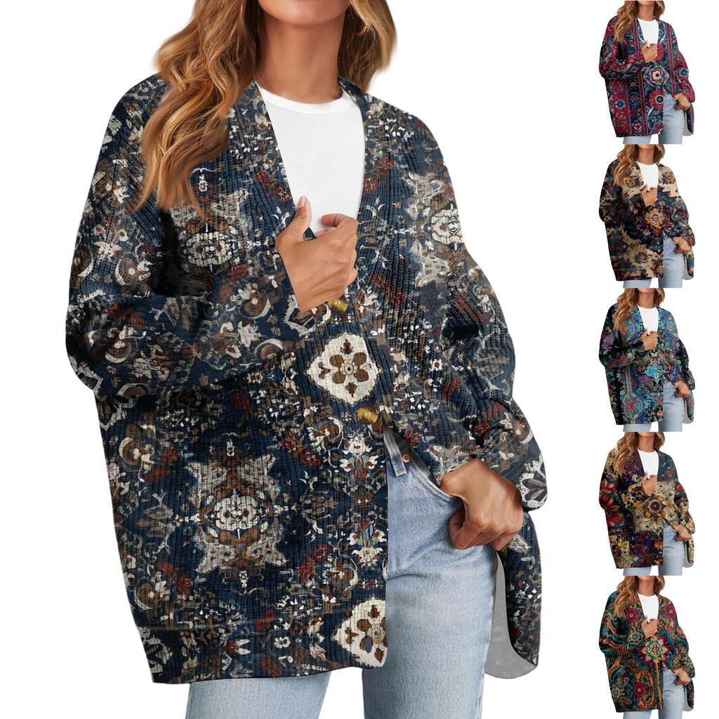 Women's Fashion Long Sleeve Print V-Neck Button Loose Cardigan Top