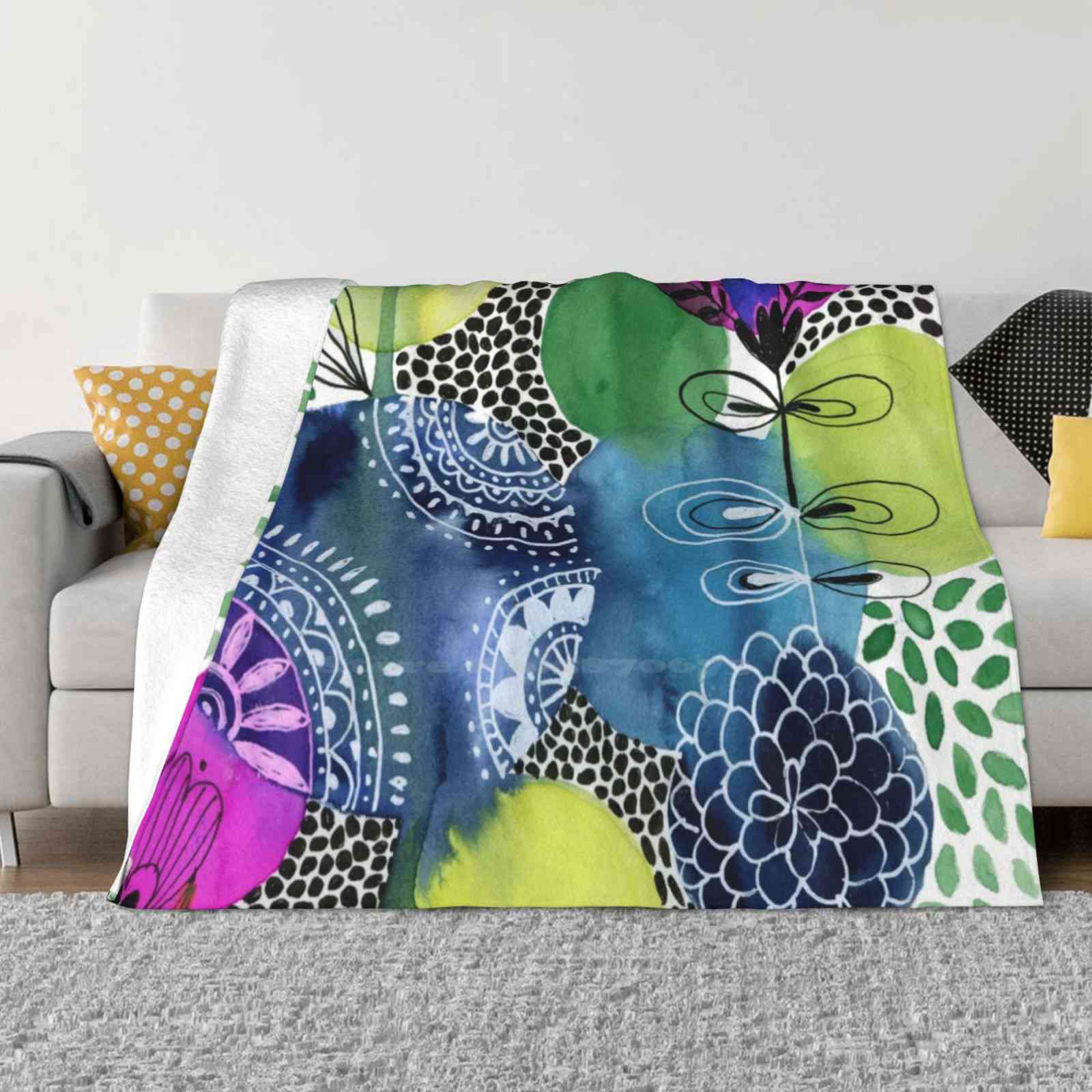 

Indigo Blooms New Selling Custom Print Flannel Soft Blanket Indigo Blue Green Magenta Flowers Blooms Bright Circles Watercolor 30x40in