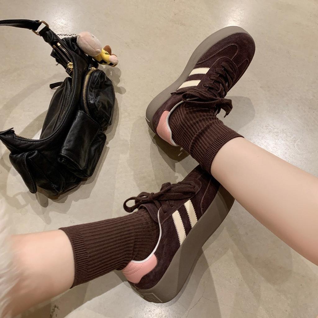 [] Maillard style~ retro leather color matching platform casual sports women's board shoes