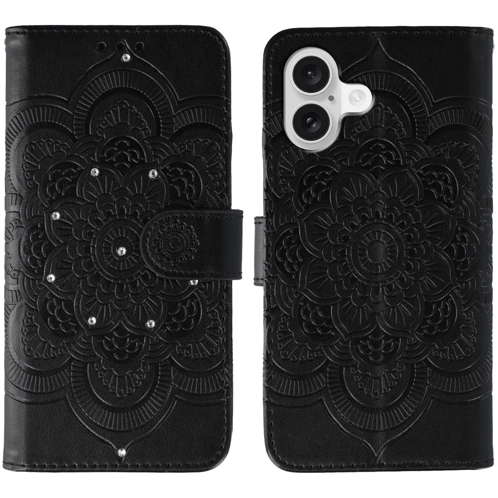 

For iPhone 17 Case Rhinestone Decor PU Leather Mandala Imprinted Design Phone Cover with Wrist Strap Black