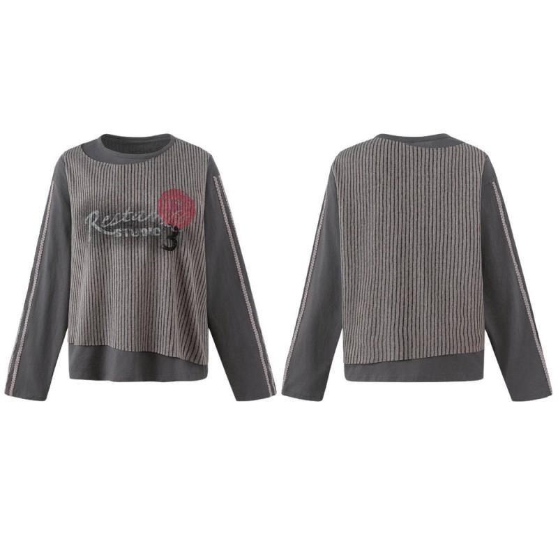 Mens Irregular Striped Long Sleeve T-Shirt Loose Retro Streetwear Casual Round Neck Top