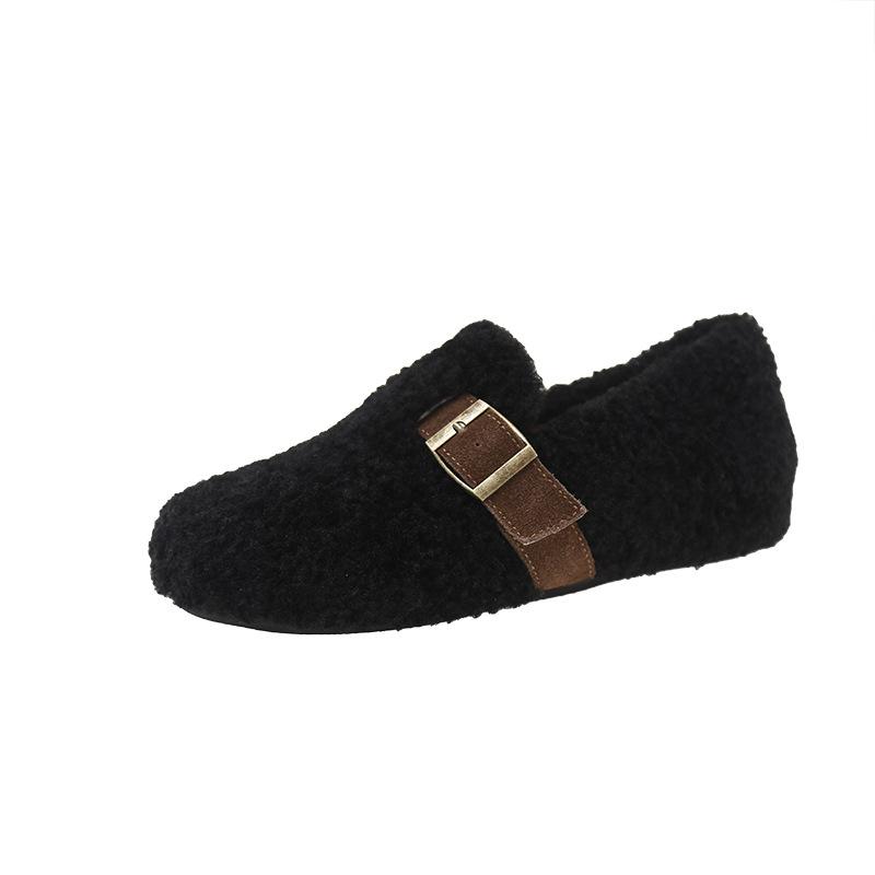 Pedal wool cotton shoes for women to wear in the autumn and winter of 2025, new flat-bottomed imitation lamb wool warm one-word Doudou shoes