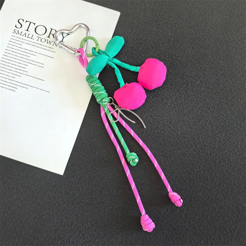 Fabric Cherry Detachable Heart-Shaped Beaded Keychain Mobile Phone Chain Anti-Loss Lanyard