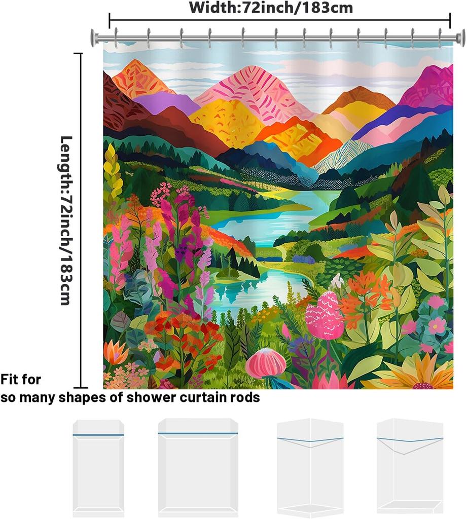 She Love Colorful Landscape Mountain Shower Curtain Nature Abstact Forest Lake Watercolor Art Painting Green Shower Curtains wit