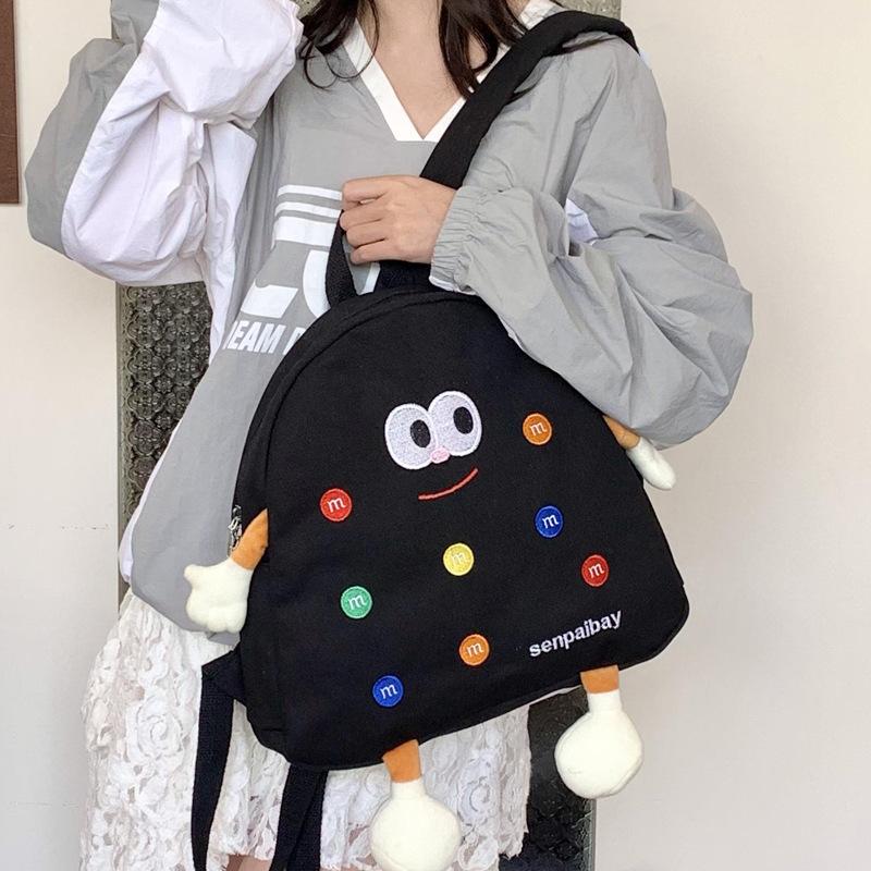 

2025 New Cute M Letter Cartoon Embroidered Canvas Backpack Girls Backpack Japanese Soft Girl Student School Bag чёрный