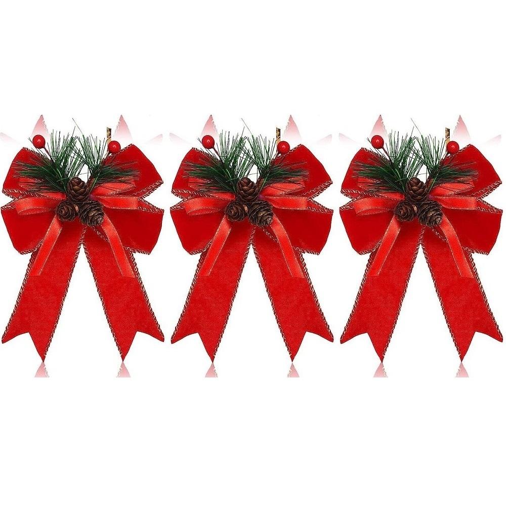 3 Pcs Christmas Bows with Pine Cones Needles Xmas Velvet Bow Red Ribbon Christmas Tree Wreath Decoration Indoor Crafts DIY Decor