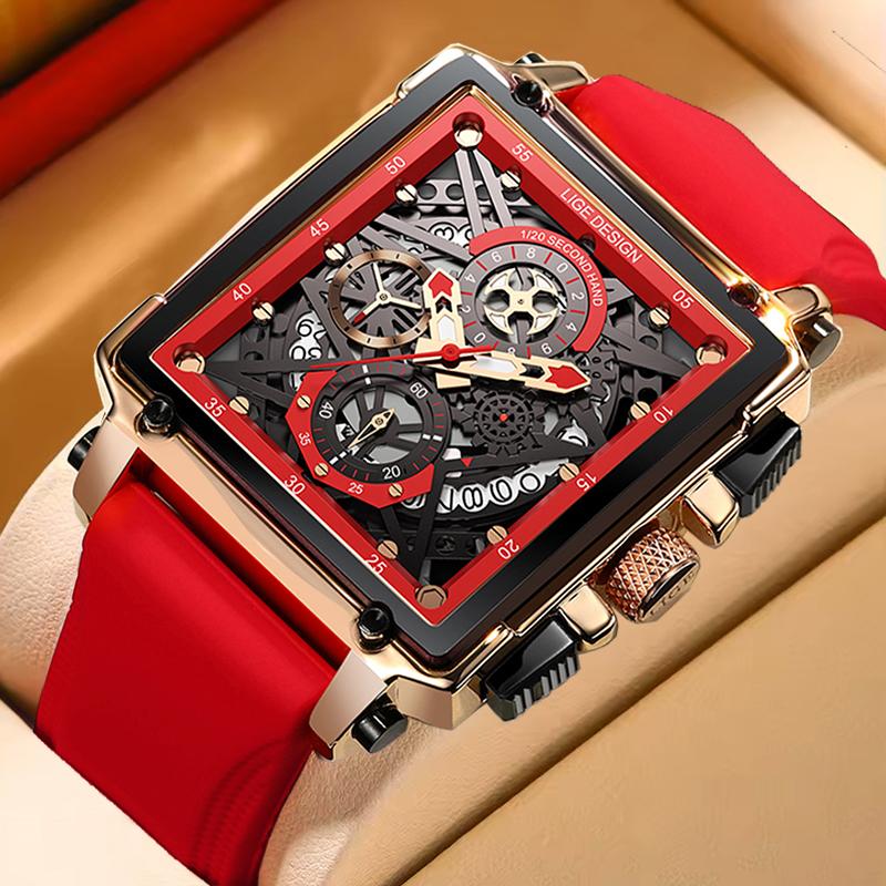 New Creative Hollow Chronograph Square Watch Man Fashion Business Silicone Waterproof Quartz Men's Watches Montre Homme+BOX