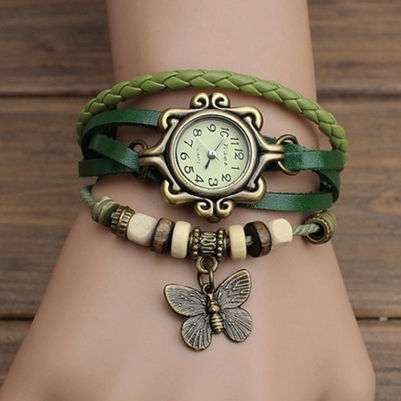 Heiße Verkäufe Vintage Schmetterling Anhänger Kuh Leder Uhr Frauen Damen Mode Kleid Quarz Armbanduhr