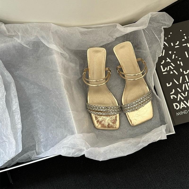 

Designer Summer Square Toe Women Slippers Crystal Narrow Band High Heels Banquet Party Slide Shoes Zapatos Mujer 35 золотой
