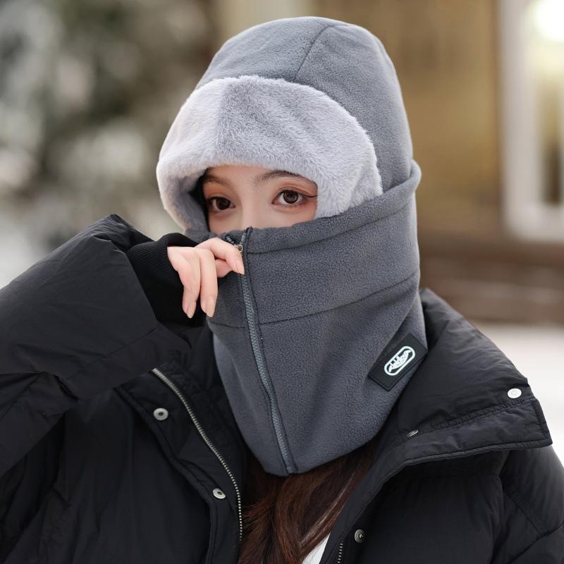 Autumn and Winter Headgear Female Cycling Warm Electric Vehicle Windproof Mask Integrated Fleece Ear Protector Pullover Cap