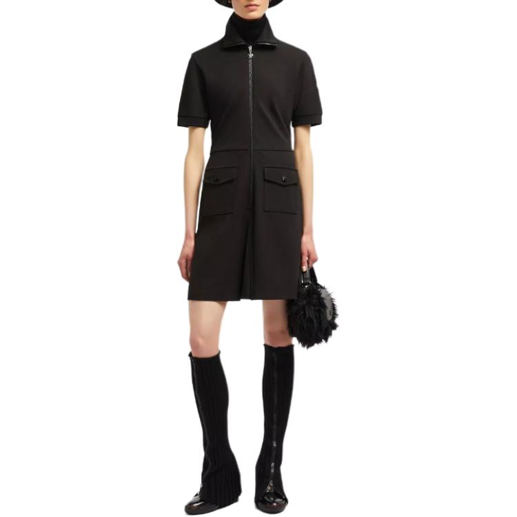 Moncler Solid Color Slim Fit Stand Collar Zipper Short Sleeve Dress Women dresses Black J20938I0000889ALE999