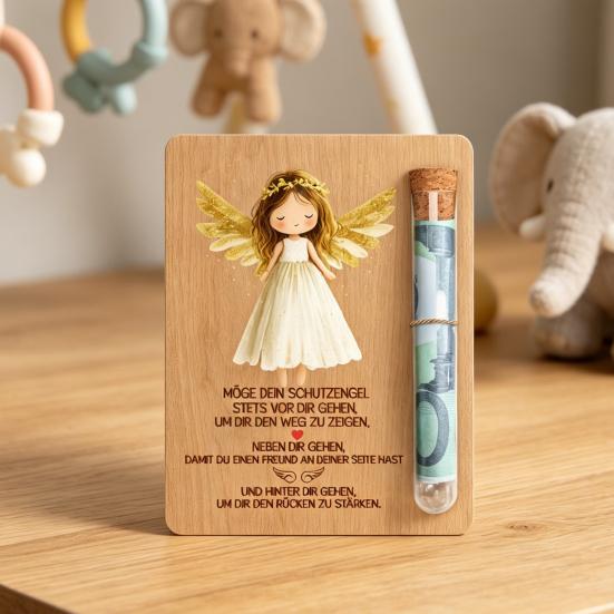 Engels-Holz-Geldkarte mit Reagenzglas-Schlitz Taufe Geburtstagsgeschenk für Jungen Mädchen Taufe Andenken Geldhalter Einzigartiges Erstkommuniongeschenk