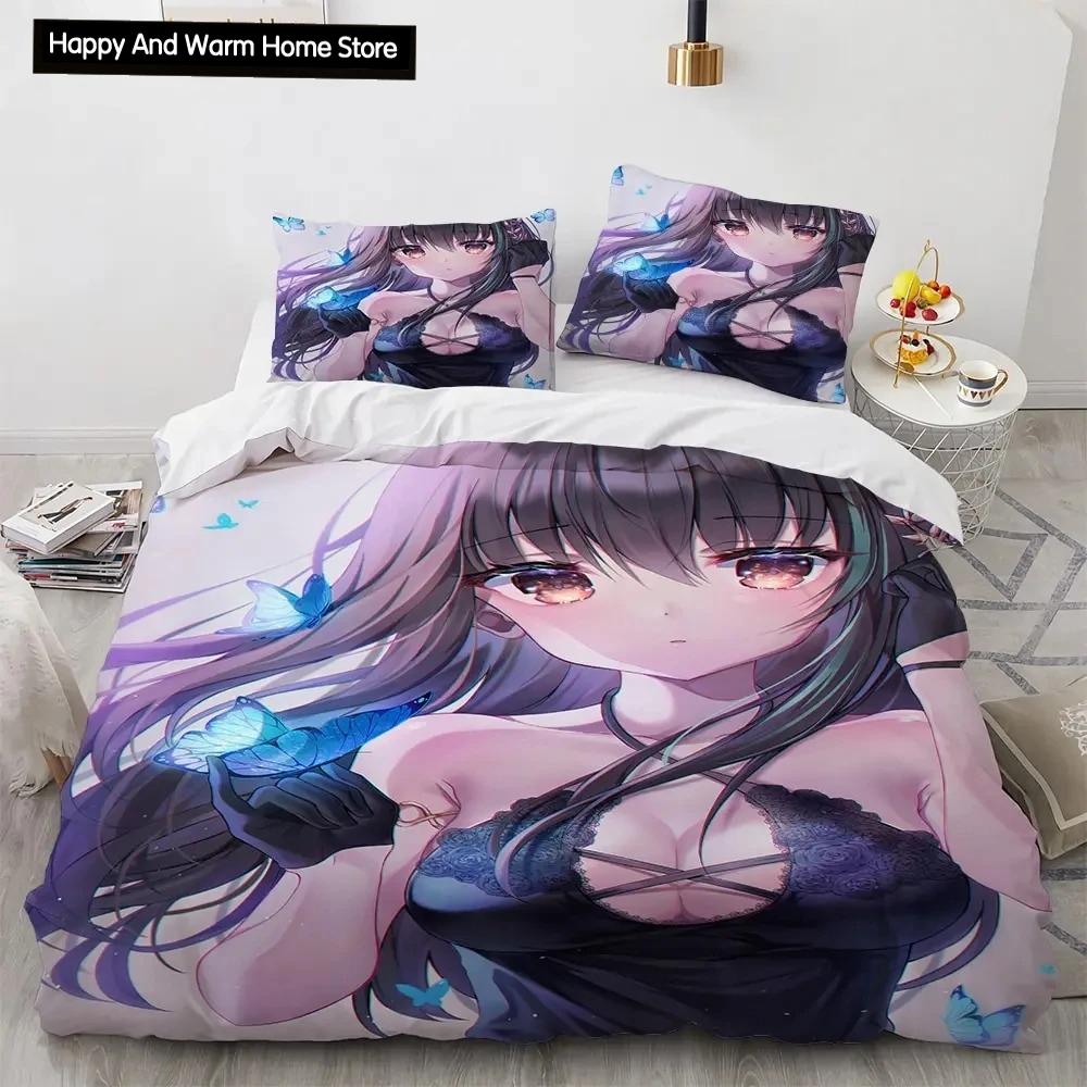 Set de lenjerie de pat pentru fete Kawaii Anime sexy, cuvertură de pilotă Set pat cuvertură husă de pilota pentru fată de pernă, King Queen Twin Size Băieți Fete Adulti