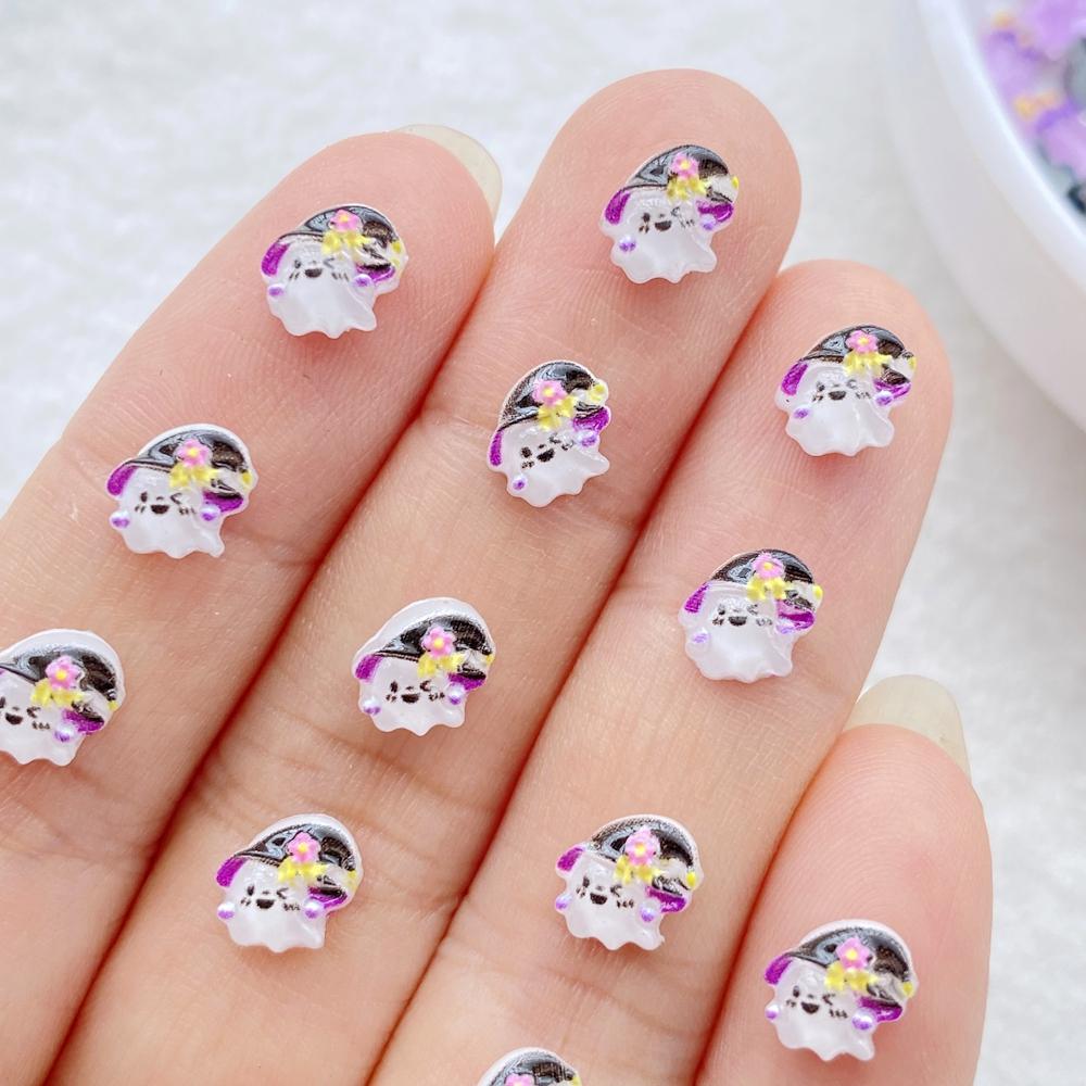 50pcs Resin Cute Mini Cartoon Halloween Black Cat, Ghost, Skull Candle Nail Art Flatback Rhinestone DIY Scrapbook Decor Crafts