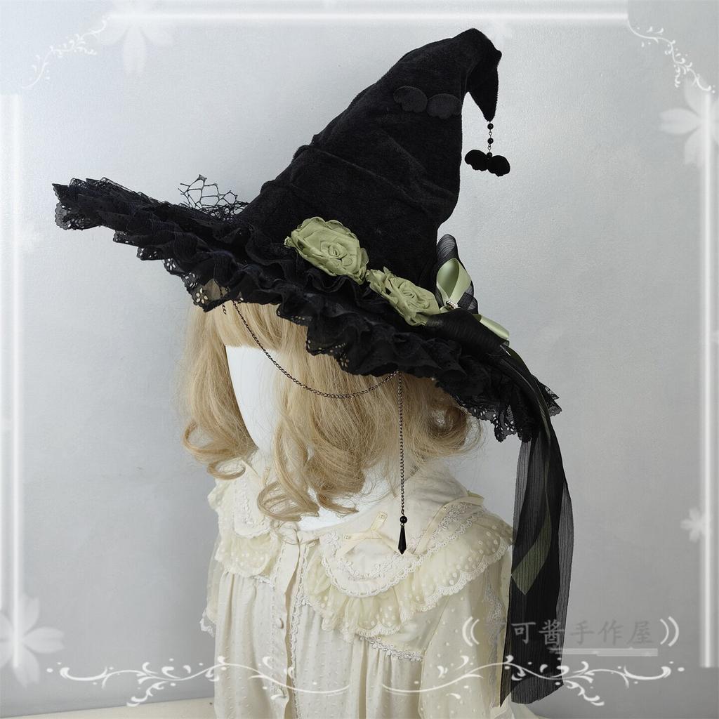 Halloween Witch Hat Pointed Wizard Hats Black Gothic Velvet Rose Dark Gorgeous Women Hat for Women