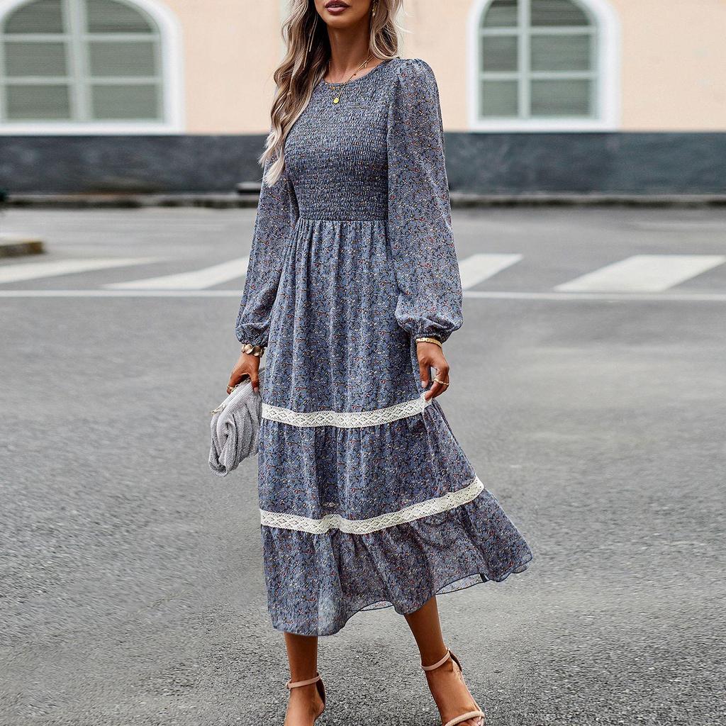 Women Autumn Winter O Neck Lantern Sleeve Lace High Waist Pleated Printed Dress