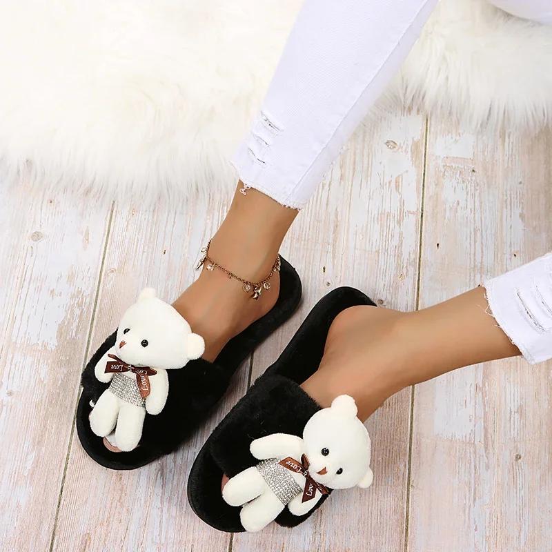 Fashion 2025 Fashion Women Winter House Furry Slippers Cute Bear Decoration Women's Slippers Soft Bottom Indoor Home Slides Mujer