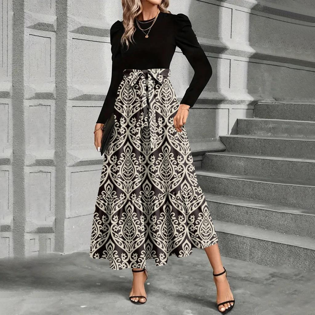 Women's Floral Print High Waist Fashionable And Elegant Dress