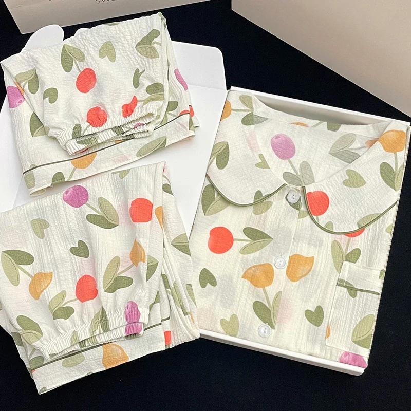 

Симпатичная женская пижама из 3 предметов в японско-корейском стиле с воротником из мятой ткани, летняя домашняя одежда Y2k Flower Art XL