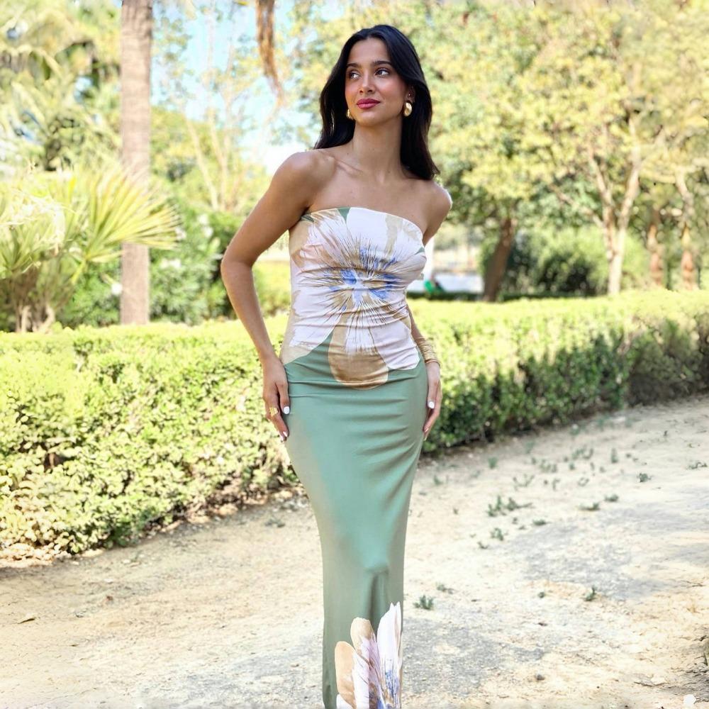 LYRIA Slim Blumenmuster Schulterfrei Ärmellos Rückenfrei Eleganz Kleid Damen Bodycon Lang Tube Top Kleid für Party Club