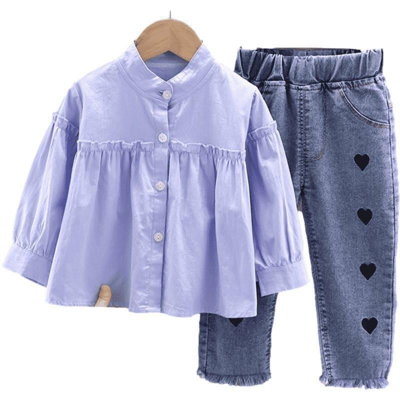 Trendy Girls Autumn Outfit Set 2023 Korean Style Long Sleeve Shirt And Denim Pants
