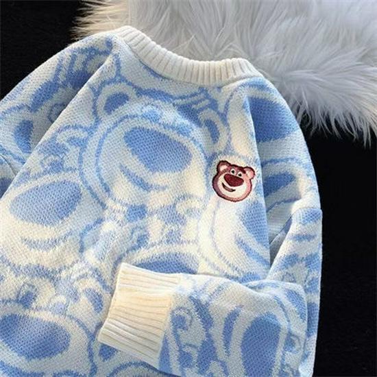 

Japanese-Style Cute Lotso Bear Sweater for Women - Thick, Loose, Soft Milk Tea Cardigan for Autumn and Winter One Size синий