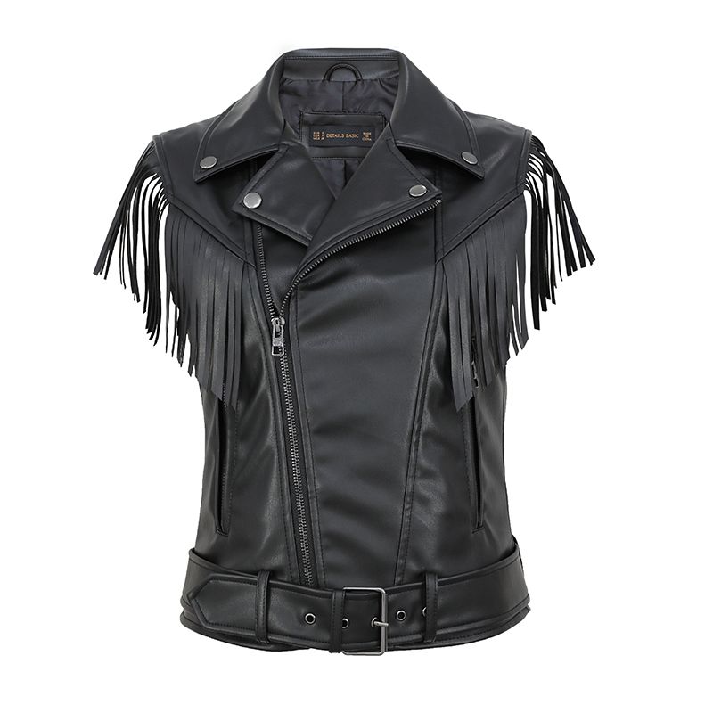 

Personality Tassel Rock Women Leather Vest Short European and American Street Shooting PU Leather Sleeveless Vest Spring and Autumn New Waistcoat Black S